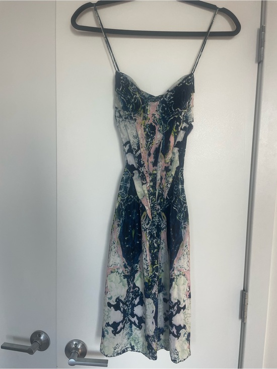 Brian Reyes Dresses & Skirts - Brian Reyes Abstract Marble Print Pleated Corset Criss Cross Silk Slip Dress